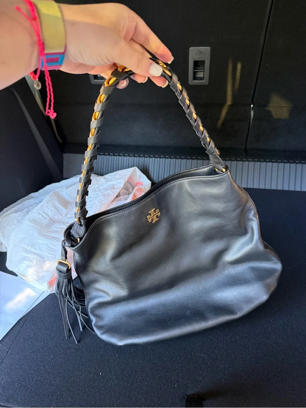 Tory Burch Black Leather Shoulder Hobo with Braided Strap and Gold Logo